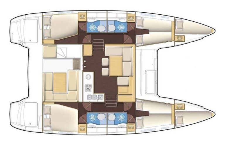 Catamaran layout cabins and saloon